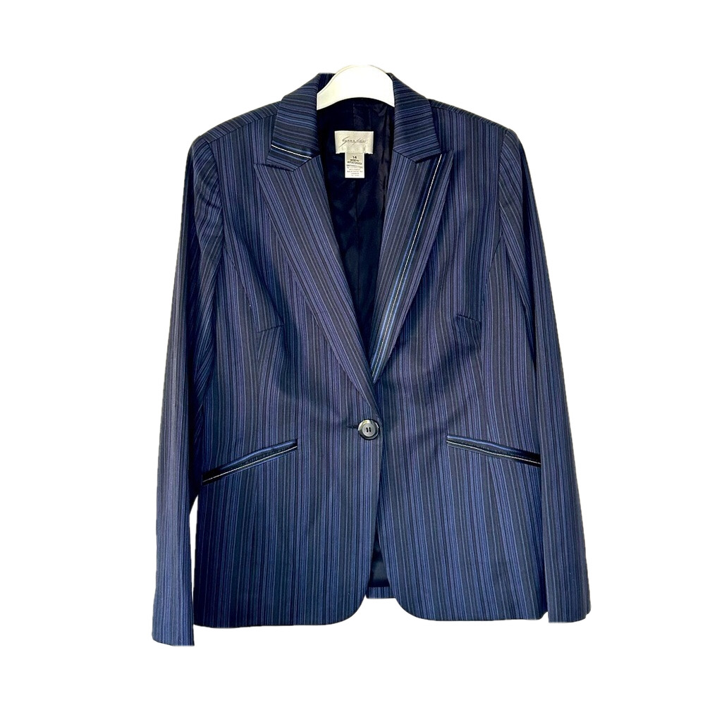 Vintage Canada Sunny Choi Satin Trim Pinstripe Fitted Blazer Navy Blue Size 14